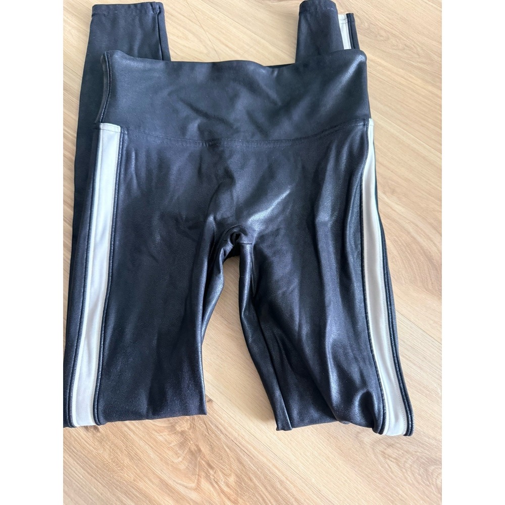 SPANX Black Faux Leather Tummy Control White Side Stripe Leggings Size Small